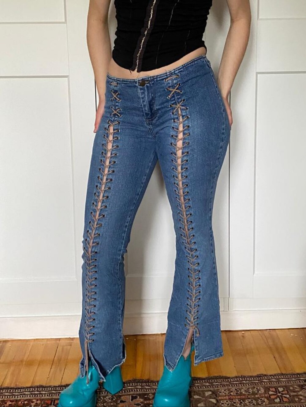Vintage 90s Mudd Blue Lace-Up Grommet Boot Cut Jeans